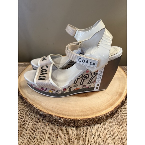 COACH Addison Wedge POPPY WHITE GRAFFITI Colorful SANDALS HEELS Sz 8.5 - Picture 1 of 14